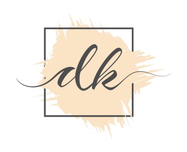 Kaligrafik küçük harf DK, bir çerçevedeki renkli bir arkaplan üzerinde sağlam bir satır halinde yazılır. Vektör çizimi. Basit Biçim