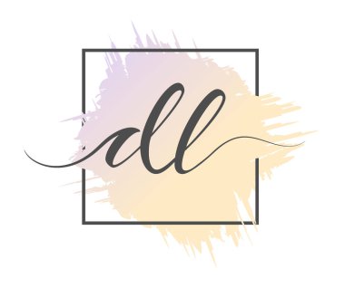 Kaligrafik küçük harf DL bir çerçeve içinde renkli bir arkaplan üzerinde katı bir çizgi ile yazılır. Vektör çizimi. Basit Biçim