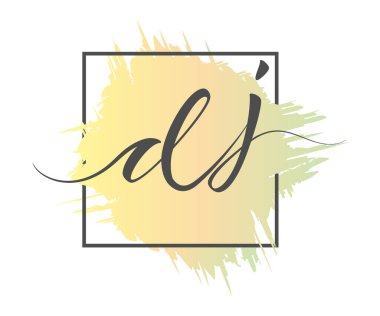 Küçük harfli kaligrafik harflerle DJ bir çerçevede renkli bir arkaplan üzerine sağlam bir çizgi ile yazılır. Vektör çizimi. Basit Biçim