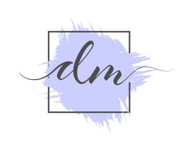 Kaligrafik küçük harfler olan DM, bir çerçevedeki renkli arkaplan üzerinde sağlam bir satır halinde yazılır. Vektör çizimi. Basit Biçim