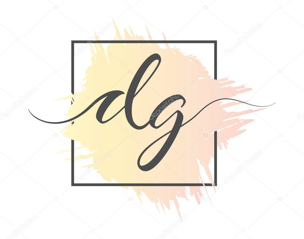 calligraphic lowercase letters DG are written in a solid line on a colored background in a frame. Vector illustration. Simple Style