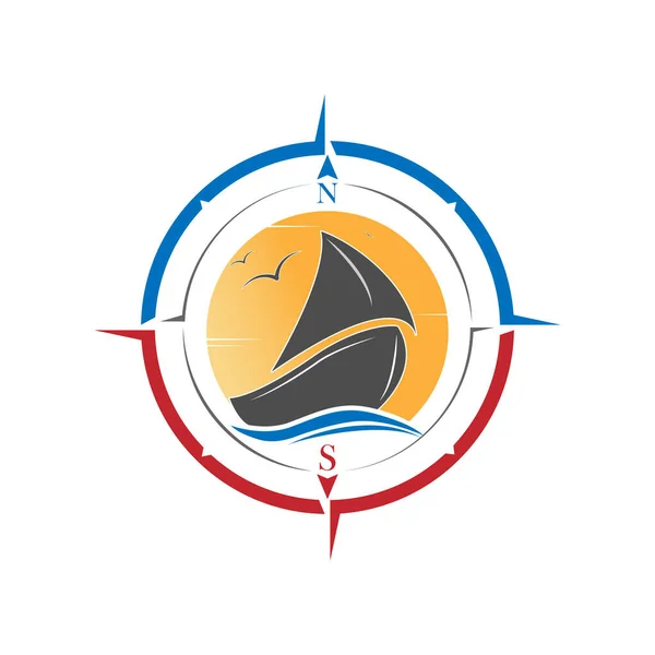 帆船とロゴ ステッカーやブランド ウェブサイトやアプリケーションや創造的なデザインのためのコンパスとベクトルアイコン — ストックベクタ