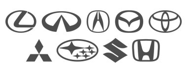 Almanya, Berlin-08 / 04 / 2021: Bir dizi Japon araba logosu. Beyaz arkaplanda siyah logo, Mitsubishi, Subaru, Lexus, Akura, Toyota, Suzuki, Honda, Infiniti, Mazda. Düz styl