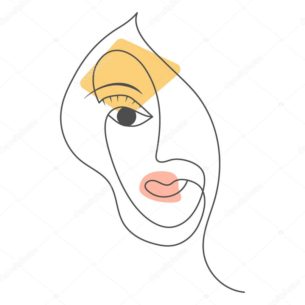 Abstract female face in a linear style. Surreal art with colored accents for backgrounds, posters, banners and prints on textiles. Flat style