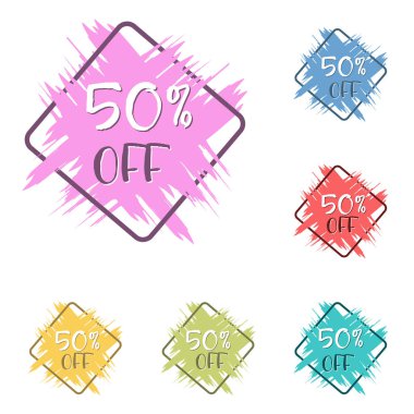 İş, satış, reklam promosyonu, çıkartmalar ve etiketler için% 50 indirimli renkli grunge çıkartmaları. Düz biçim