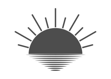 Su yüzeyinin arka planında güneşin doğuşunun ya da batışının basit bir simgesi. Düz biçim.