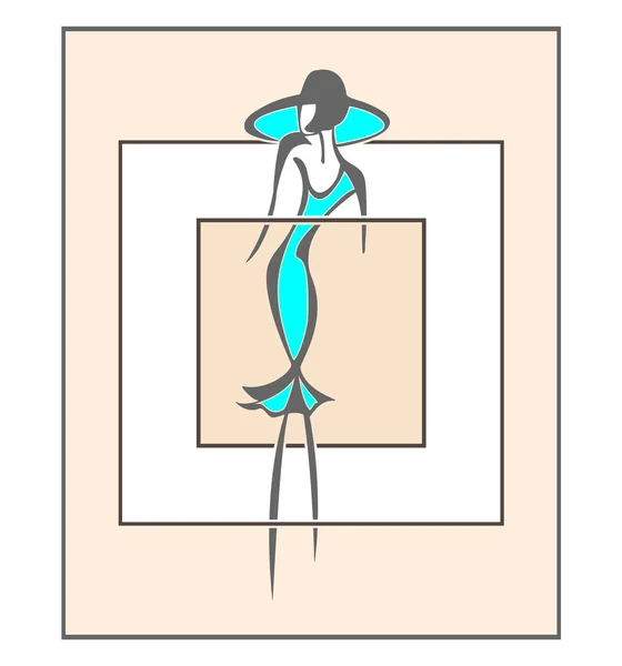 Silhouette Une Femme Robe Chapeau Dans Carré Plat Art Abstrait — Image vectorielle