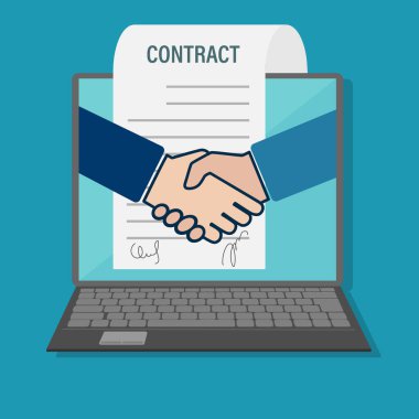Elektronik bir sözleşme ya da anlaşma imzalama. Ekranda ya da ekranda bir tokalaşma. Düz biçim.