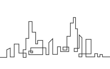 Soyut bir şehrin silueti sürekli bir çizgidir. Katı bir çizgiden yapılmış modern bir şehir manzarası. Katı bir çizgide modern bir şehrin manzarası. Düz biçim.