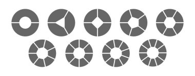 2,3,4,5,5,6,7,8,9,10 adım veya bölüm için turta grafikleri. Bir iş planını, bilgi grafiklerini ve raporlamayı gösteren bir şablon. Basit tasarım