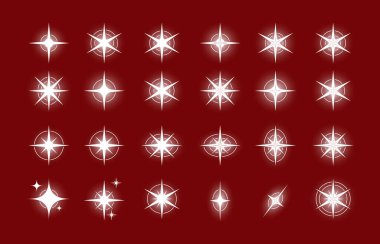 Yıldızlar. Bir dizi düzenlenebilir ikon. Yıldızların parlaklığı ya da havai fişekler. Siyah arkaplanda vektör simgesi. Düz tasarım.