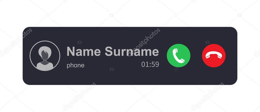 Template for the incoming call screen with icons. Smartphone interface, web applications. Voice mail, call, video chat screen. Flat style.
