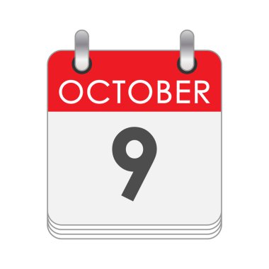 9 Ekim. 9 Ekim tarihli bir takvim sayfası. Düz biçim.