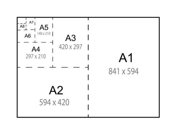 Größe der Serie A Papierblätter Vergleichstabelle. A1, A2, A3, A4, A5, A6, A7, A8 Vektor. — Stockvektor