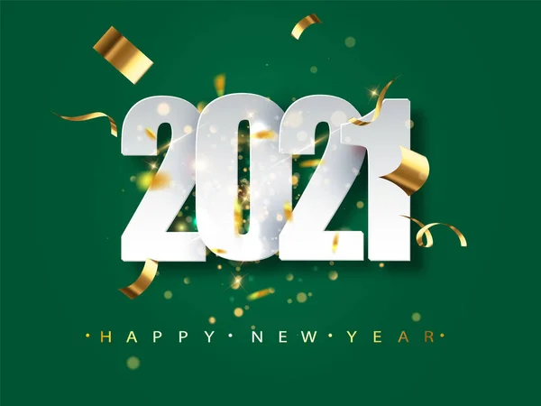 2021 Neujahrsgrußkarte auf grünem Hintergrund. Festliche Illustration mit Konfetti und Funkeln — Stockvektor