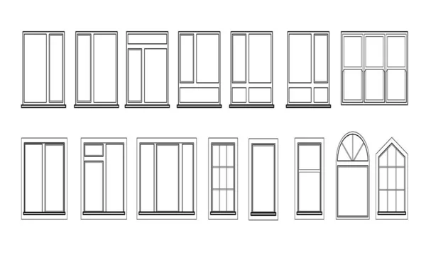 Windows set geïsoleerd op witte achtergrond. Gesloten vectorraamelement van architectuur en interieur. Illustratie in zwarte kleur geïsoleerd op witte achtergrond. — Stockvector