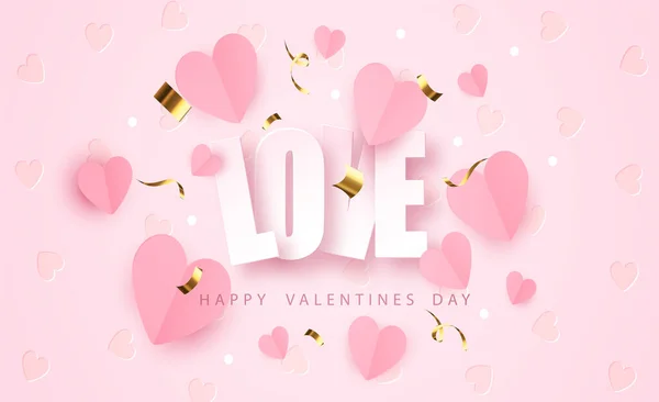 Szó szerelem papír reális szívvel. Romantikus Valentin-napi banner — Stock Vector