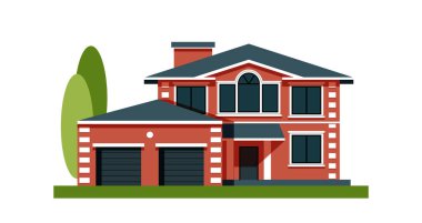 Garajlı ev cephesi. Düşük katlı bir bina. Köy daireleri. Sokak ve konut binaları için element dekorasyonu.