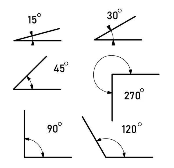 Winkel unterschiedlicher Größe. Winkelsymbole gesetzt. Vereinzelte Rechenzeichen — Stockvektor