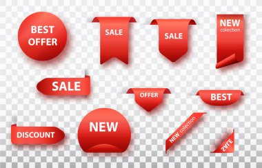 Etiketler izole edildi. Kırmızı kurdeleler, etiketler ve çıkartmalar. Vektör illüstrasyonu