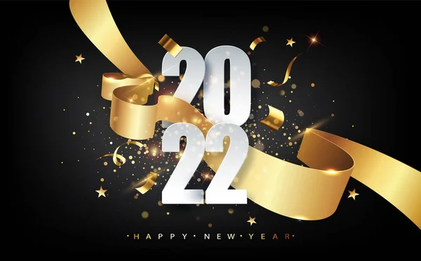 2022 Nouvel An. Carte de voeux avec date et ruban. Affiches de vacances du Nouvel An. Bonne année sombre fond festif. — Image vectorielle