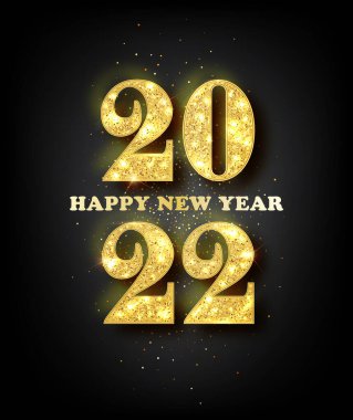 Happy New Year 2022 Greeting Card with Gold Numbers on Black Background