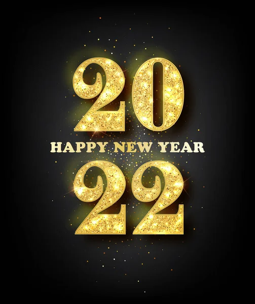 Happy New Year 2022 Greeting Card with Gold Numbers on Black Background — Vettoriale Stock
