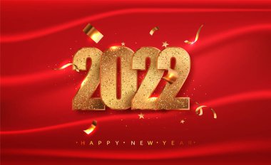 2022 Mutlu yıllar, altın sayılar ve kırmızı kumaş arka planda parıltı ile.