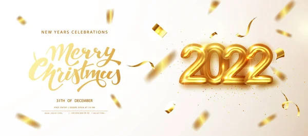 2022 Obchody Nowego Roku. Złote numery data 2022 z spadającym złotym połyskującym konfetti z kartki okolicznościowej. Wesołych Świąt.. — Wektor stockowy