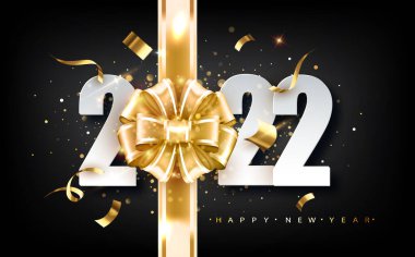 Yeni yıl 2022. Siyah arkaplanda tarihi ve kurdelesi olan tebrik kartı.