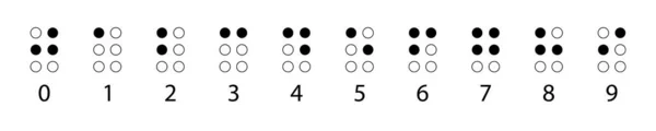 Braille-Zahlen in einer Reihe. Taktisches Schreibsystem, das von blinden oder sehbehinderten Menschen verwendet wird. Vektorabbildung in Schwarz-Weiß. — Stockvektor