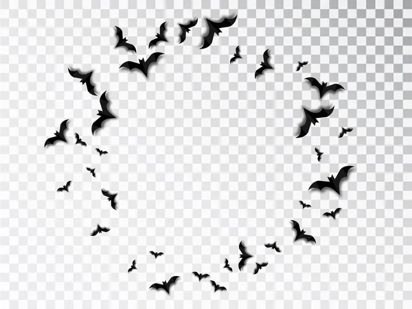 Silhouette nera di stormo di pipistrelli. Halloween elemento di design tradizionale isolato su sfondo trasparente. Telaio rotondo — Vettoriale Stock