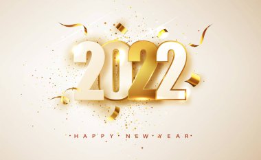 Mutlu yıllar 2022. Beyaz arka planda beyaz ve altın sayılar. Tatil tebrik kartı tasarımı