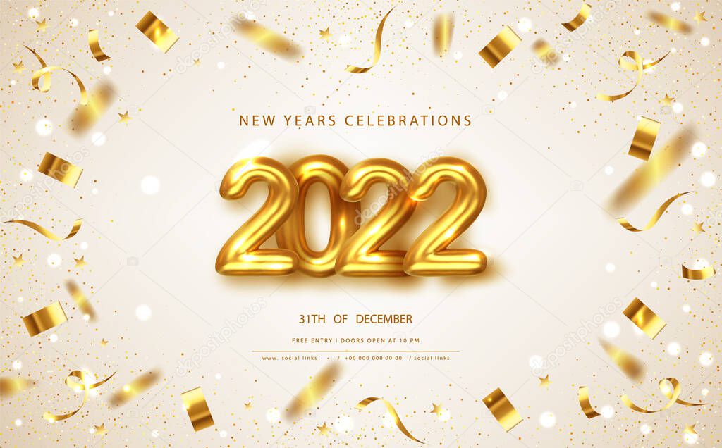 2022 Happy New Year greeting background with gold bow. Vector Christmas illustration.