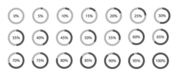 Diagrammi Percentuali Cerchio Impostati Isolati Uno Sfondo Bianco Grafica Nera — Vettoriale Stock