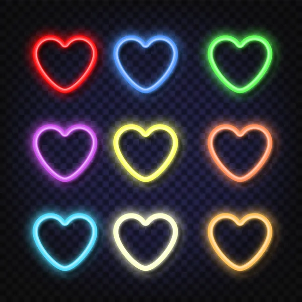 Set Neon Banners Shape Heart Different Colors Shining Glowing Effect — Stock Vector