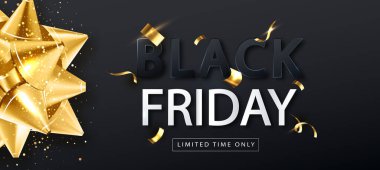 Kara Cuma sancağında altın fiyonk var. Ucuz reklam afişi. Vektör arkaplanı.