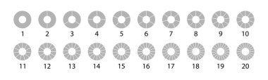 Farklı yuvarlak grafikler, gri çizelgeler. 20. bölümün vektörü. Bölümlü çemberler beyaz arkaplanda izole edildi