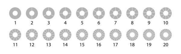 Различные круглые графические диаграммы Pie серый набор. Векторный раунд 20. Сегментированный набор кругов на белом фоне