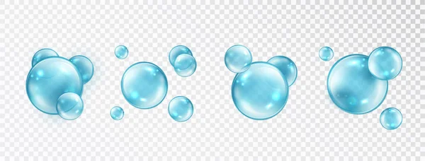 Blauwe Bubble Collectie Transparante Zeep Waterbellen Realistische Vector Blauwe Zuivere — Stockvector