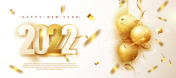 2022 Gold Numbers Golden Balloons Shimmering Confetti New Year Banner — Stock Vector