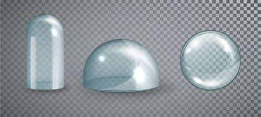 Cam şeffaf kubbe seti. Boş cam kristal kubbe. Şeffaf arkaplan illüstrasyonunda izole edilmiş gerçekçi 3D vektör.