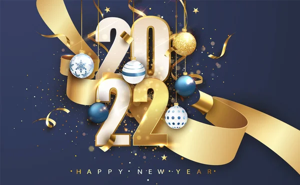 2022 Un an nou fericit. Fundal festiv albastru cu arc cadou și sclipici. Happy New Year Banner pentru felicitări, calendar . — Vector de stoc