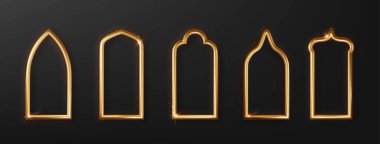 Altın rengi Arap pencereleri gerçekçi. Ramazan Kareem davet gönderme ögesi etiketleri. Geleneksel Arapça çerçeve