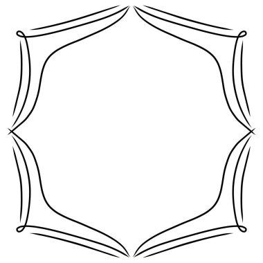 Simetrik altı kenarlı dekoratif çerçeve temiz siyah monolinde, sivri kıvrımlı ve köşelerde küçük döngü aksanlı. Davetiyeler, sertifikalar, düğün kağıtları, menüler, etiketler, logolar ve tebrik kartları için mükemmel..