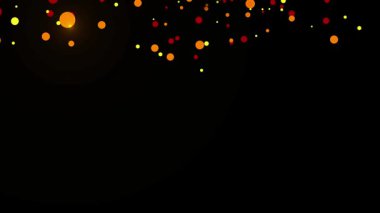 Renkli yuvarlak konfetilerin karanlık arka plana düşüşünün soyut animasyonu. Parlak sarı, turuncu ve kırmızı daireler yumuşak röfleler ve yansımalarla bir ışık efekti yaratır. Parti, tatil, yeni yıl, doğum günü için mükemmel bir örtüşme