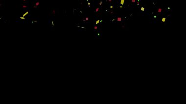 Koyu arkaplana düşen renkli çokgen konfetisinin soyut animasyonu. Sarı, turuncu ve yeşil çokgenler parti, bayram, yeni yıl, doğum günü veya kutlama videoları için mükemmel bir ışık efekti oluşturur.