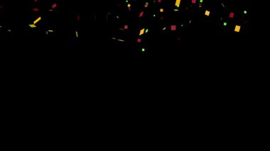 Renkli çokgen konfetilerinin karanlık arka plana düşüşünün animasyonu. Parlayan sarı, yeşil ve kırmızı çokgen yumuşak röfleler ve yansımalarla bir ışık efekti yaratır. Parti, tatil, yeni yıl, doğum günü için mükemmel bir örtüşme