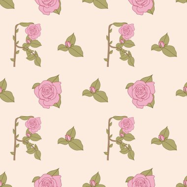 Sap üzerinde pembe güller, küçük tomurcuklar ve yumuşak pastel arkaplana saçılmış yeşil yapraklar içeren zarif, pürüzsüz çiçek deseni. Kumaş ve elbise tasarımı, hediye paketi, duvar kağıdı, kırtasiye, dijital kupür defteri ve romantik markalaşma için ideal.