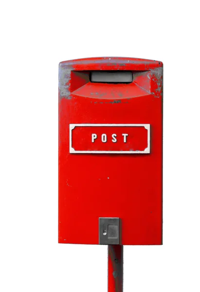 Red postbox with white lettering isolated on the white background — Stock Photo, Image